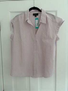 Worthington Pink Stripe Cap-Sleeve Button-Up Top